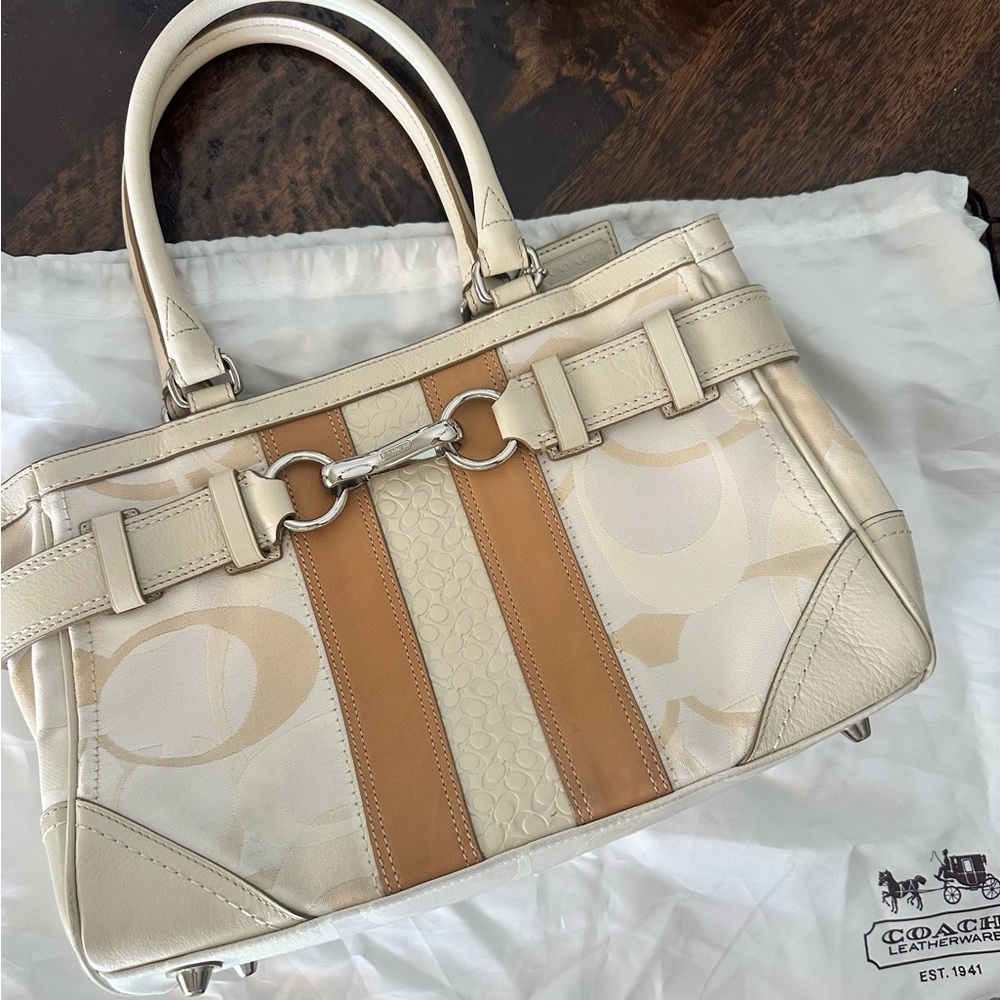 Coach Cream and Tan Satchel with Silver Hardware
